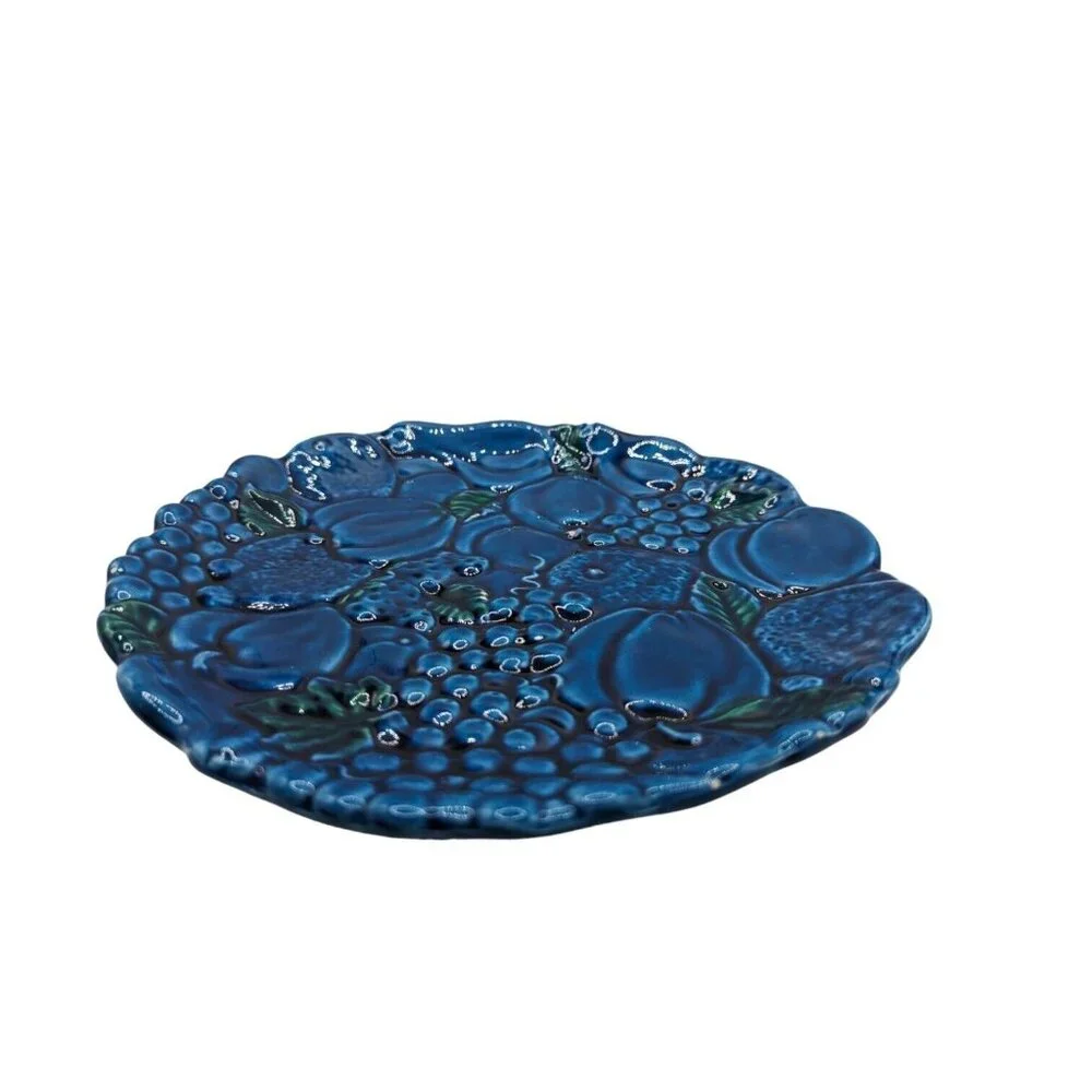 Vintage MCM Inarco Blue Mood Pedestal Cake Plate Dessert Tray Textured Fruit
